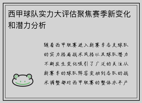 西甲球队实力大评估聚焦赛季新变化和潜力分析